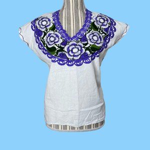 Mexican Floral Rosette Embroidered Top Blouse Blue Size S to M